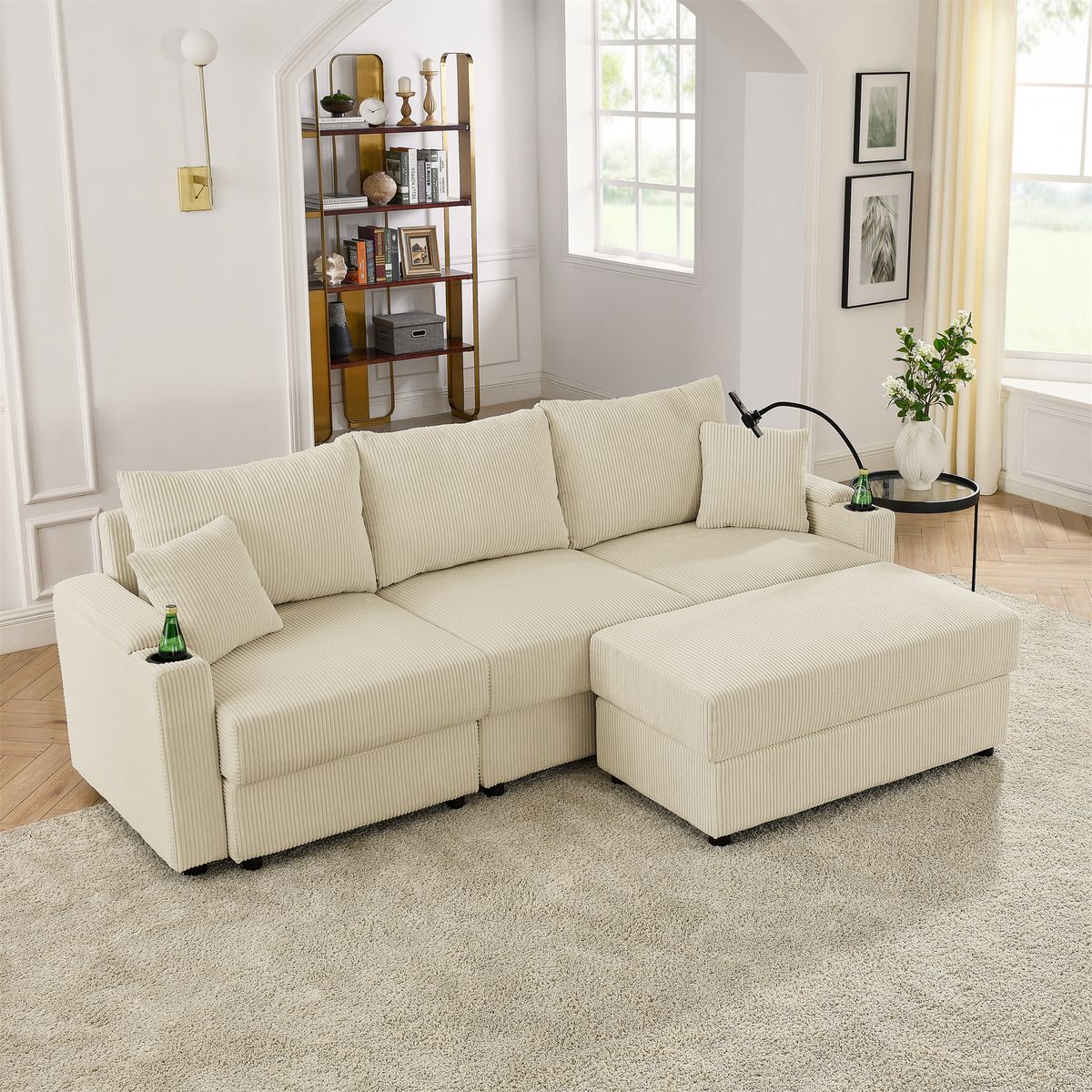 L-Shaped Couch  Modern Sofa Chair with Storage, with  Ottoman, Deep Seat Sofa with Cup Holders & Phone Holder , Beige Corduroy Couch for Living Room