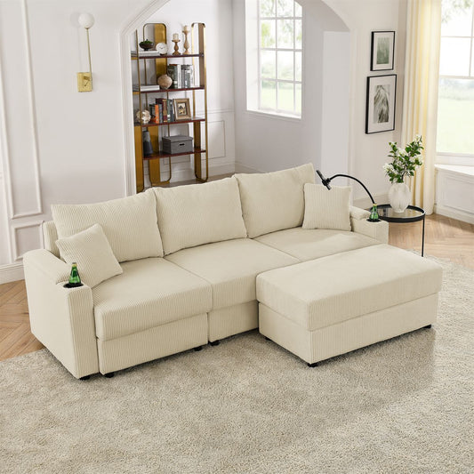 L-Shaped Couch  Modern Sofa Chair with Storage, with  Ottoman, Deep Seat Sofa with Cup Holders & Phone Holder , Beige Corduroy Couch for Living Room