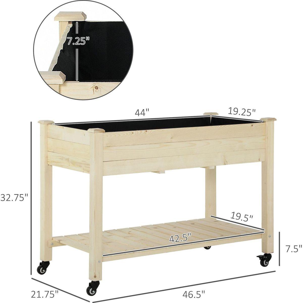 Raised Garden Bed, 47" x 22" x 33", Elevated Wooden Planter Box w/ Lockable Wheels, Storage Shelf, and Bed Liner for Backyard, Patio, Natural