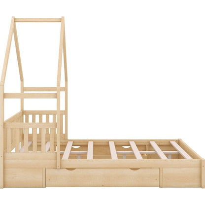 Wood Queen Size House Platform Bed with Guardrail and 2 Drawers, Natural