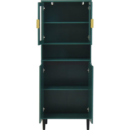 Tall Storage Show Cabinet with 2 Glass Display Door & 2 Doors, Tall Kitchen Pantry Cabinet with Gold Handles, Modern Cabinet Freestanding for Bathroom, Dining Living Room, Green