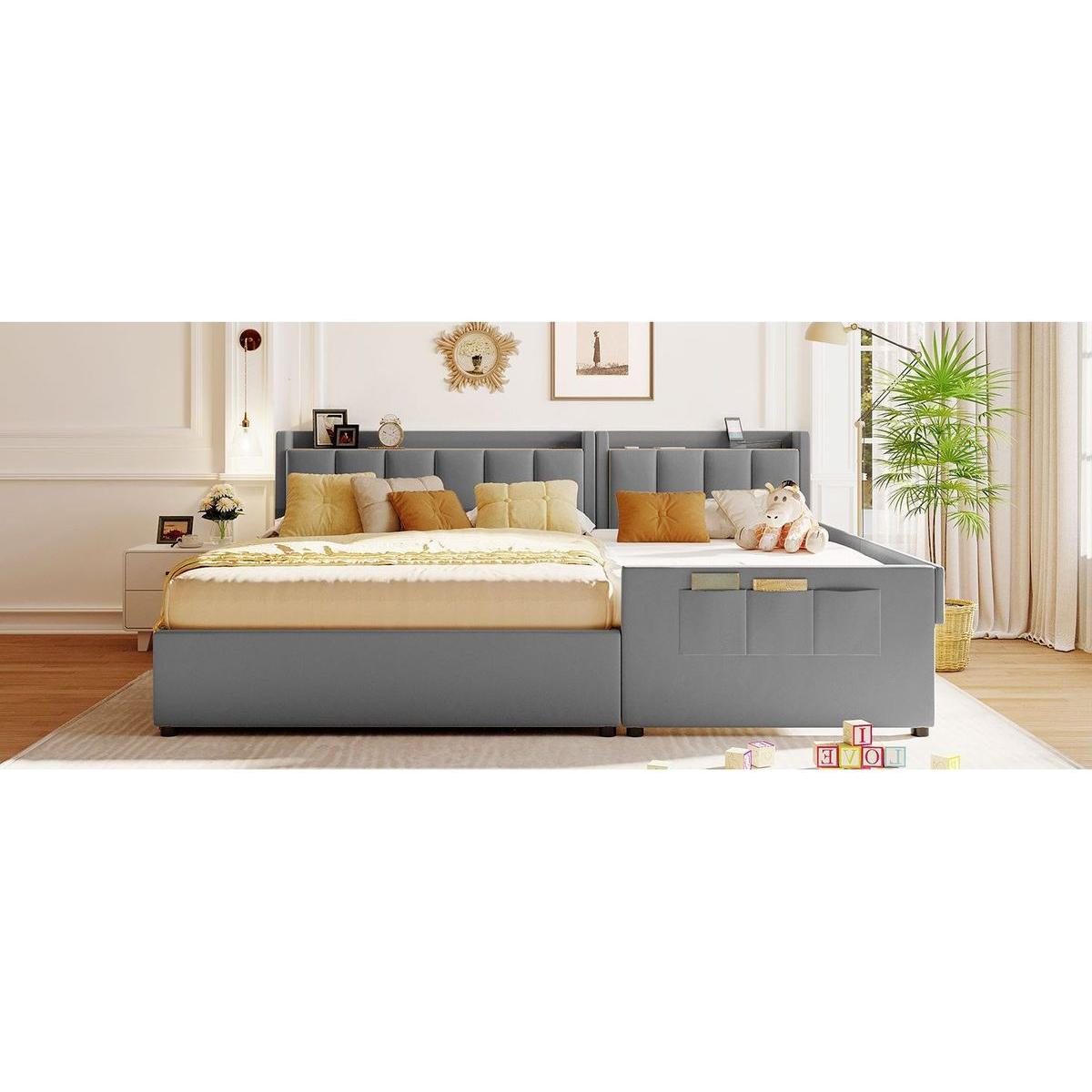 Queen Size & Twin XL Size Upholstered Platform Bed, Mother & Child Bed with Hydraulic Storage System, Drawer Box, Bedhead storage shelf and Two pairs of sockets & USB Ports, PU Leather, Gray