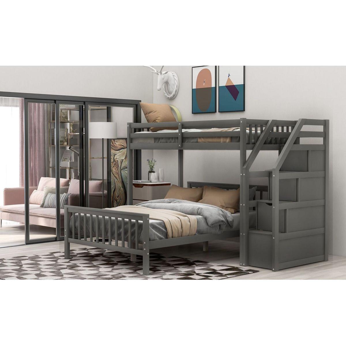 Twin over Full Loft Bed with Staircase,Gray