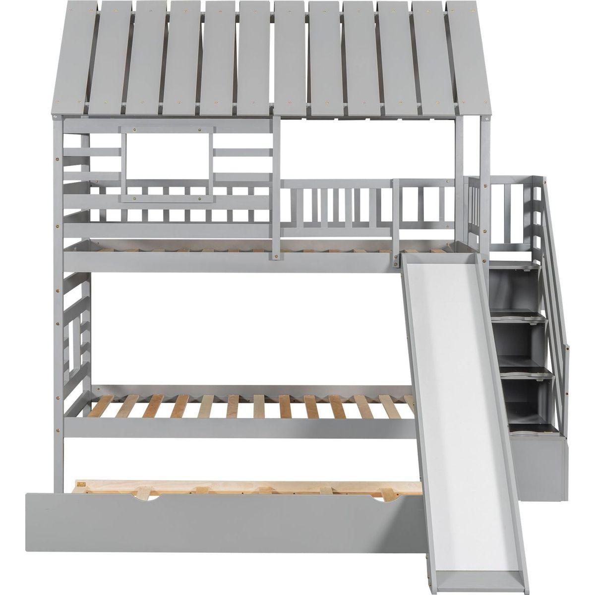Twin over Twin House Bunk Bed with Trundle and Slide, Storage Staircase, Roof and Window Design, Gray