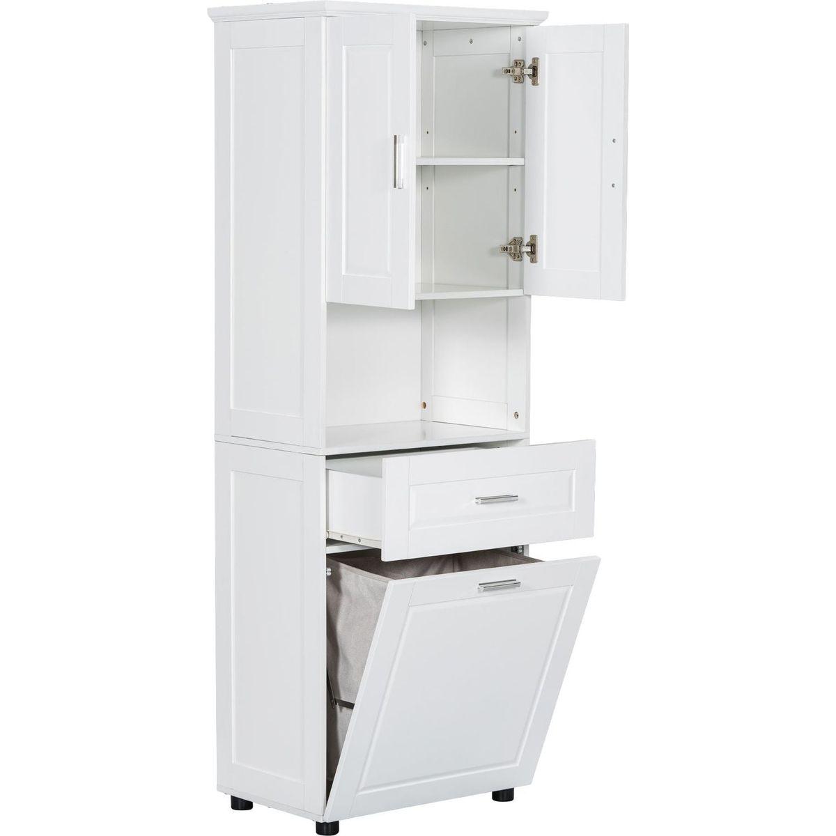 Tall Bathroom Cabinet with Laundry Basket, Large Storage Space Tilt-Out Laundry Hamper and Upper Storage Cabinet, White