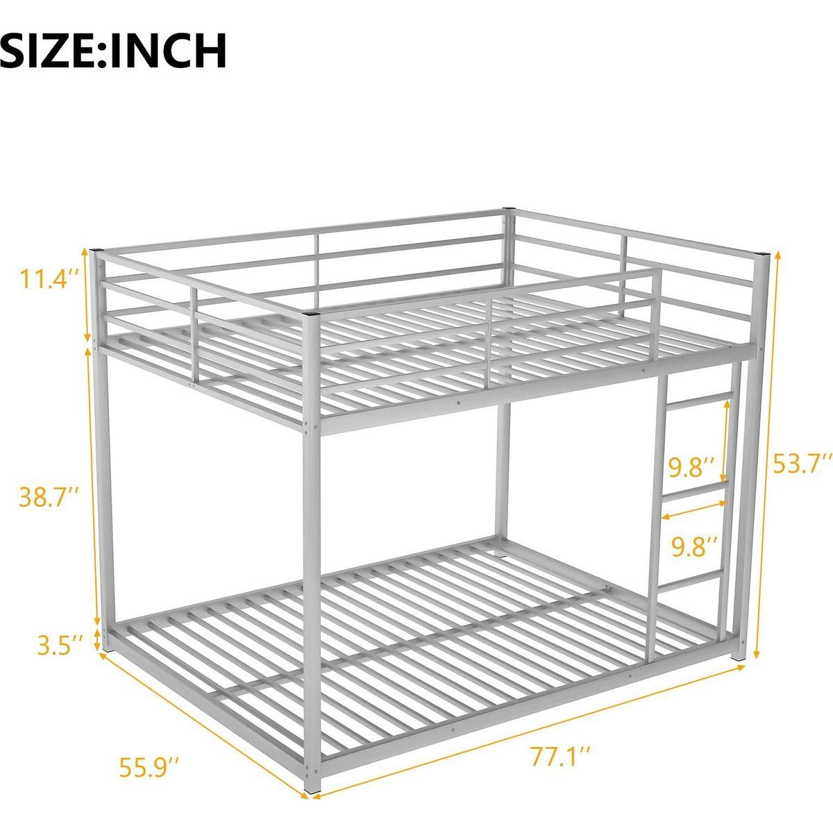 Full over Full Metal Bunk Bed, Low Bunk Bed with Ladder, Silver