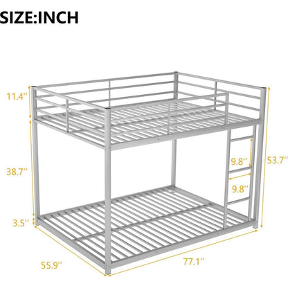 Full over Full Metal Bunk Bed, Low Bunk Bed with Ladder, Silver