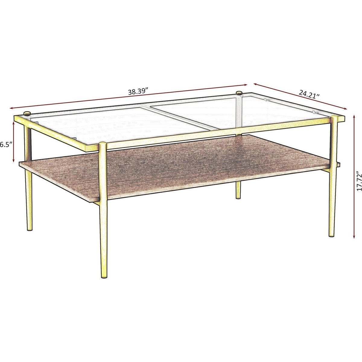 Rectangle Coffee Table with Gray Tempered Glass top and Golden Legs, Modern Table for Living Room