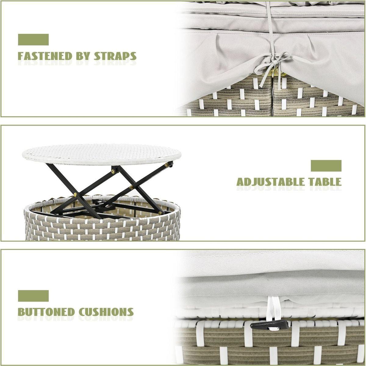 Patio Furniture Round Outdoor Sectional Sofa Set Rattan Daybed Two-Tone Weave Sunbed with Retractable Canopy, Separate Seating and Removable Cushion, Gray