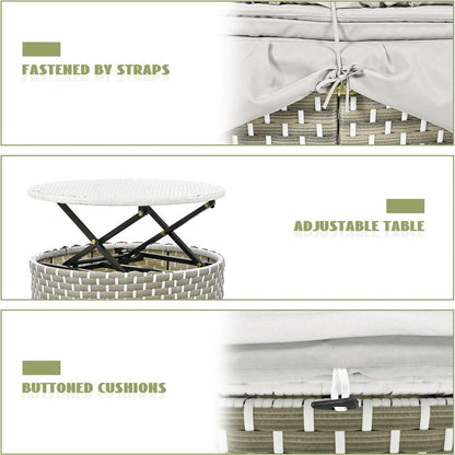 Patio Furniture Round Outdoor Sectional Sofa Set Rattan Daybed Two-Tone Weave Sunbed with Retractable Canopy, Separate Seating and Removable Cushion, Gray