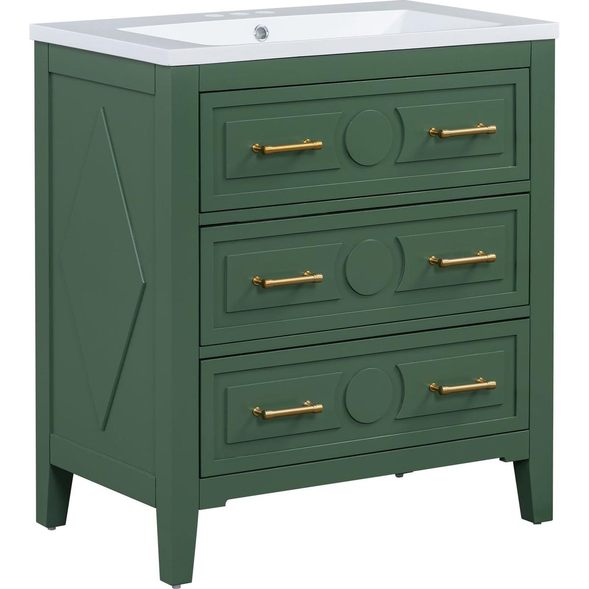 30" Bathroom Vanity with Resin Sink Combo, Free Standing Single Vanity Set with 3 Drawers, Solid Wood Frame Bathroom Storage Cabinet, Green