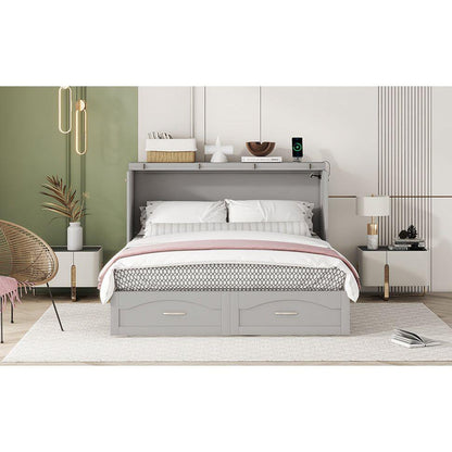 Queen Size Murphy Bed Wall Bed with drawer and a set of Sockets & USB Ports, Pulley Structure Design, Gray