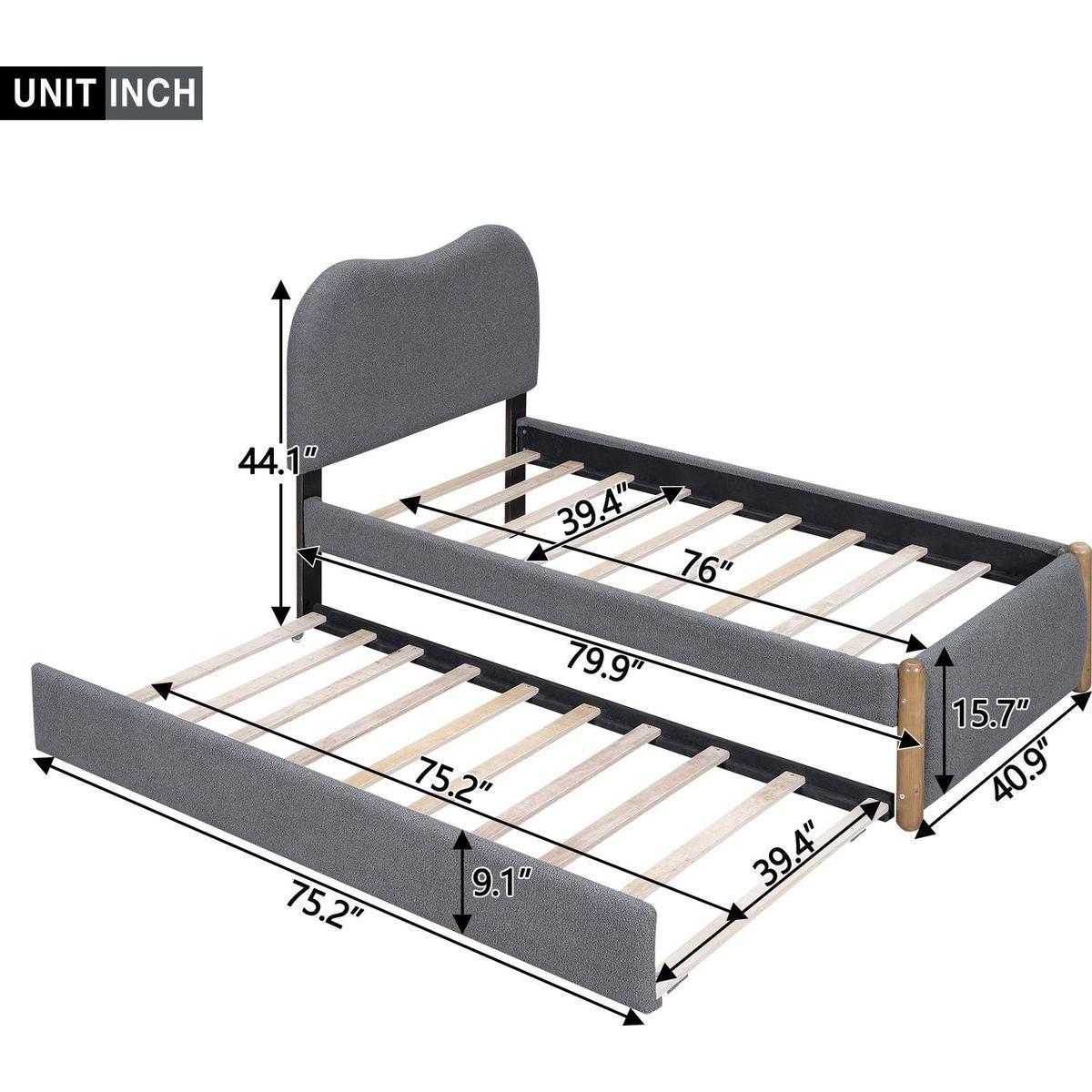 Twin Size Upholstered Platform Bed with Wood Supporting Feet and Twin Size Trundle, Gray