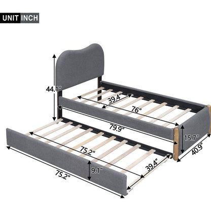 Twin Size Upholstered Platform Bed with Wood Supporting Feet and Twin Size Trundle, Gray
