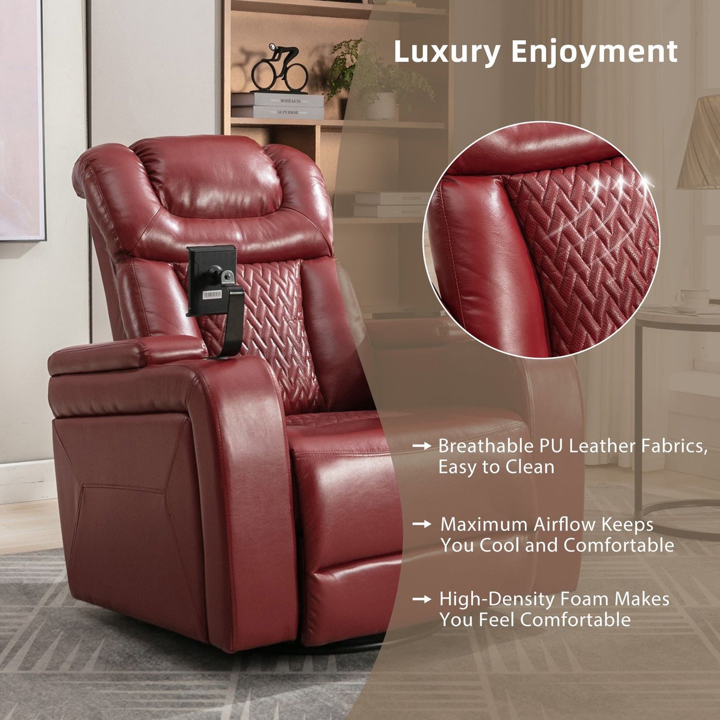 270 Degree Swivel PU Leather Power Recliner Individual Seat Home Theater Recliner with Comforable Backrest, Tray Table, Phone Holder, Cup Holder, USB Port, Hidden Arm Storage for Living Room, Red