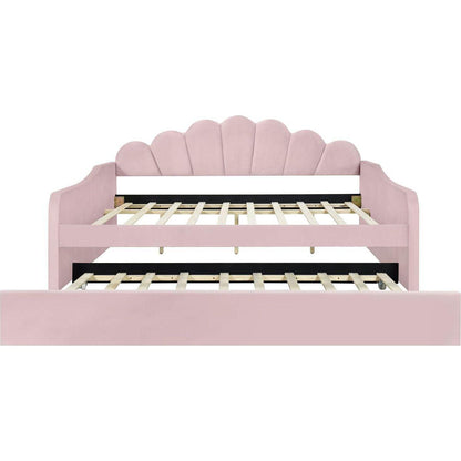 Full Size Upholstery Daybed Frame with Shall Shaped Backrest and Trundle,Pink