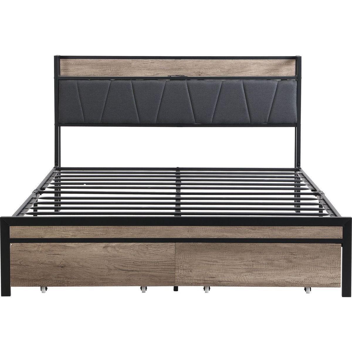 FULL Size Metal Platform Bed Frame with upholstery storage function Headboard and USB LINER and Footboard with drawers, No Box Spring Needed, Large Under Bed Storage, Easy Assemble