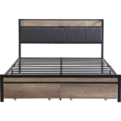 FULL Size Metal Platform Bed Frame with upholstery storage function Headboard and USB LINER and Footboard with drawers, No Box Spring Needed, Large Under Bed Storage, Easy Assemble