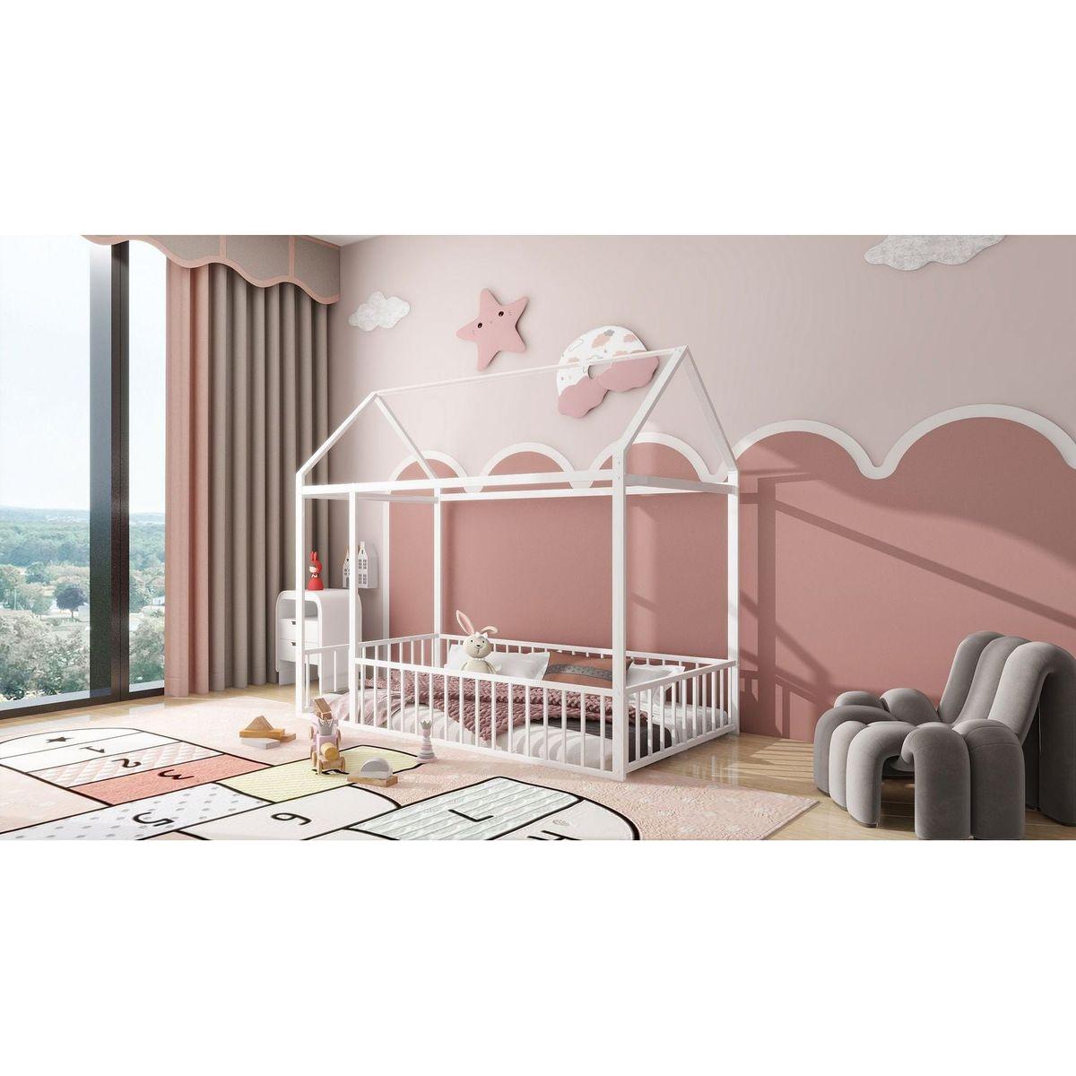 Twin Size Metal Bed House Bed Frame with Fence, for Kids, Teens, Girls, Boys, White