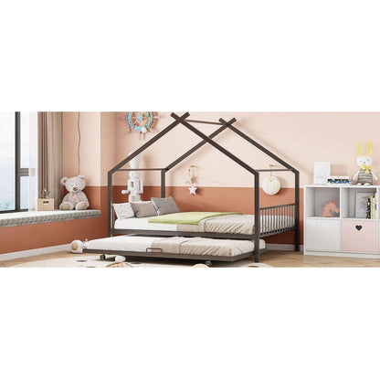 Full Size Metal House Bed with Twin Size Trundle, Black