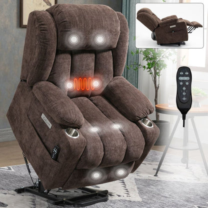 Up to 350 LBS Chenille Power Lift Recliner Chair, Heavy Duty Motion Mechanism with 8-Point Vibration Massage and Lumbar Heating, USB and Type-C Ports, Stainless Steel Cup Holders, Brown