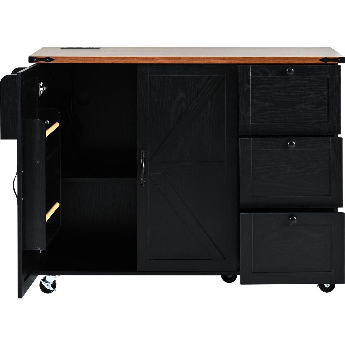 54.5" Farmhouse Kitchen Island with Power Outlet, Kitchen Storage Island with Internal Storage Rack, Drop Leaf, Spice Rack, Rolling Kitchen Cart on Wheels, for Home, Kitchen and Dining Room,Black