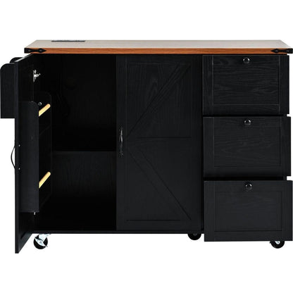 54.5" Farmhouse Kitchen Island with Power Outlet, Kitchen Storage Island with Internal Storage Rack, Drop Leaf, Spice Rack, Rolling Kitchen Cart on Wheels, for Home, Kitchen and Dining Room,Black