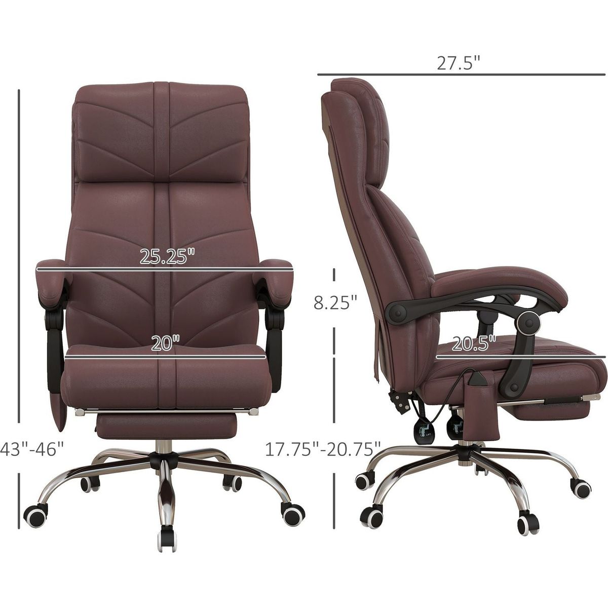 Vinsetto Executive Massage Office Chair with 4 Vibration, Computer Desk Chair, PU Leather Heated Reclining Chair with Adjustable Height, Swivel Wheels, Brown