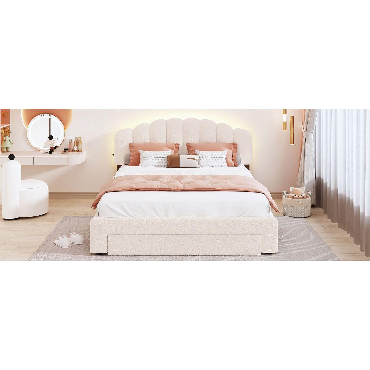 Teddy Fleece Queen Size Upholstered Platform Bed with Drawer, Beige
