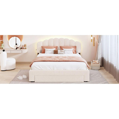 Teddy Fleece Queen Size Upholstered Platform Bed with Drawer, Beige