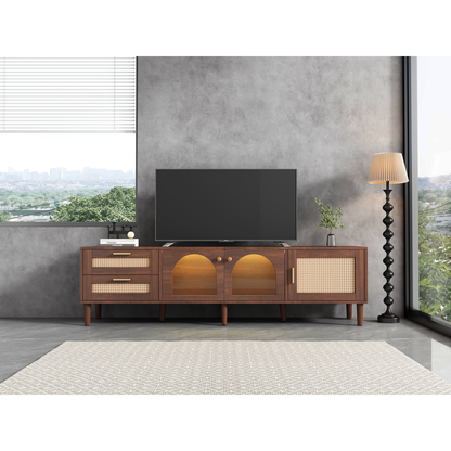 Rattan TV Stand with 3 Cabinets & 2 Drawers, Rattan-inspired Media Console Table for TVs up to 80", LED Light Entertainment Center, TV cabinet for Living room, Bedroom, Home Theatre - Streamdale Furniture