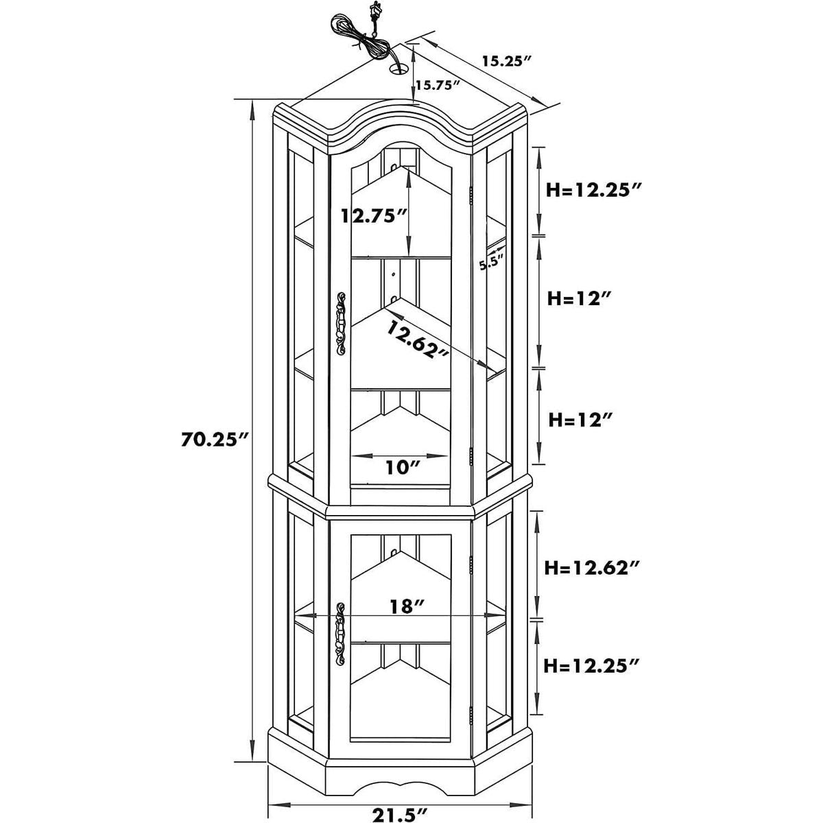 Corner Curio Cabinet with Lights, Adjustable Tempered Glass Shelves, Mirrored Back, Display Cabinet,Walnut