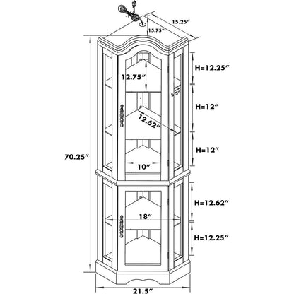 Corner Curio Cabinet with Lights, Adjustable Tempered Glass Shelves, Mirrored Back, Display Cabinet,Walnut