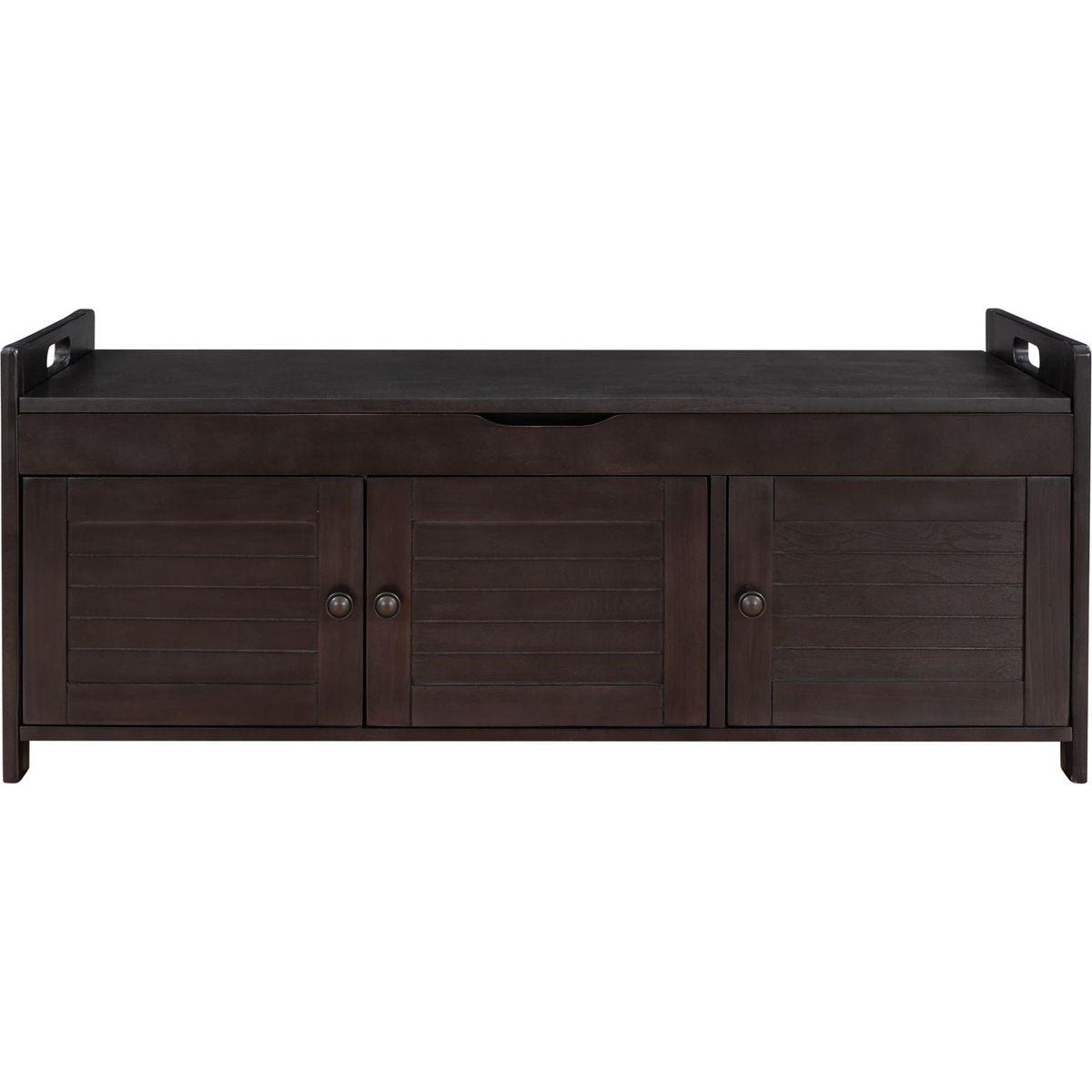 Storage Bench with 3 Shutter-shaped Doors, Shoe Bench with Removable Cushion and Hidden Storage Space (Espresso