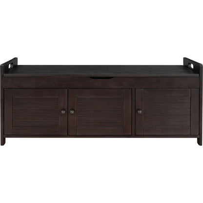 Storage Bench with 3 Shutter-shaped Doors, Shoe Bench with Removable Cushion and Hidden Storage Space (Espresso