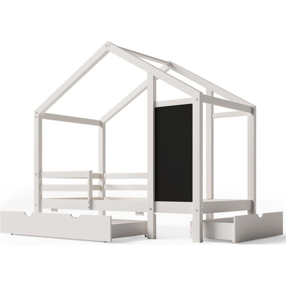 Twin House Bed with Blackboard and Drawers, Two assembly options, White