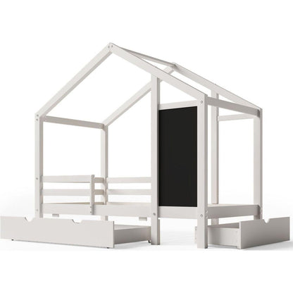 Twin House Bed with Blackboard and Drawers, Two assembly options, White