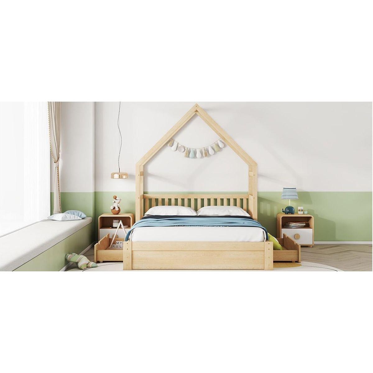 Wood Queen Size House Platform Bed with Guardrail and 2 Drawers, Natural