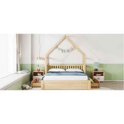 Wood Queen Size House Platform Bed with Guardrail and 2 Drawers, Natural