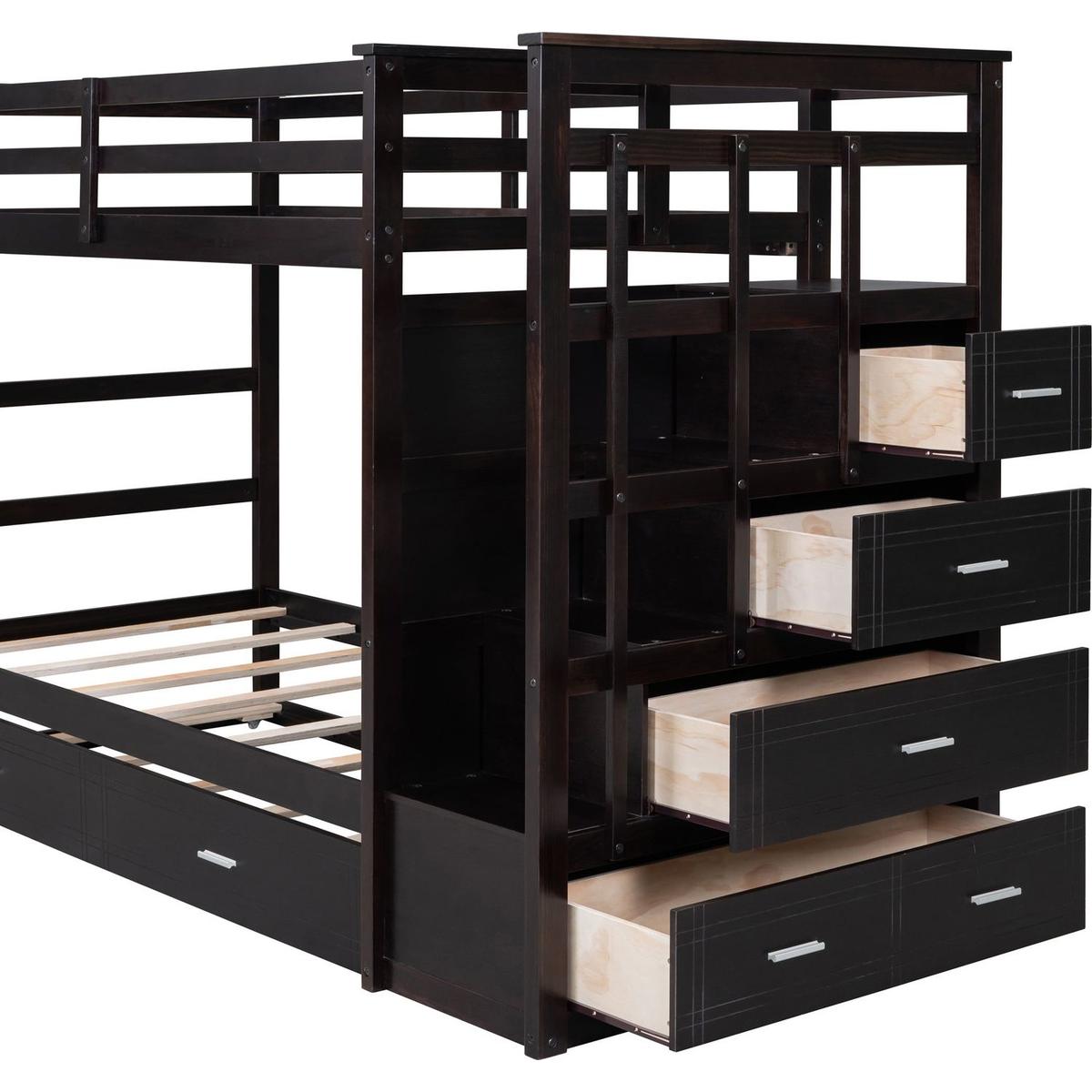 Twin Over Twin Bunk Bed with Trundle and Staircase,Espresso