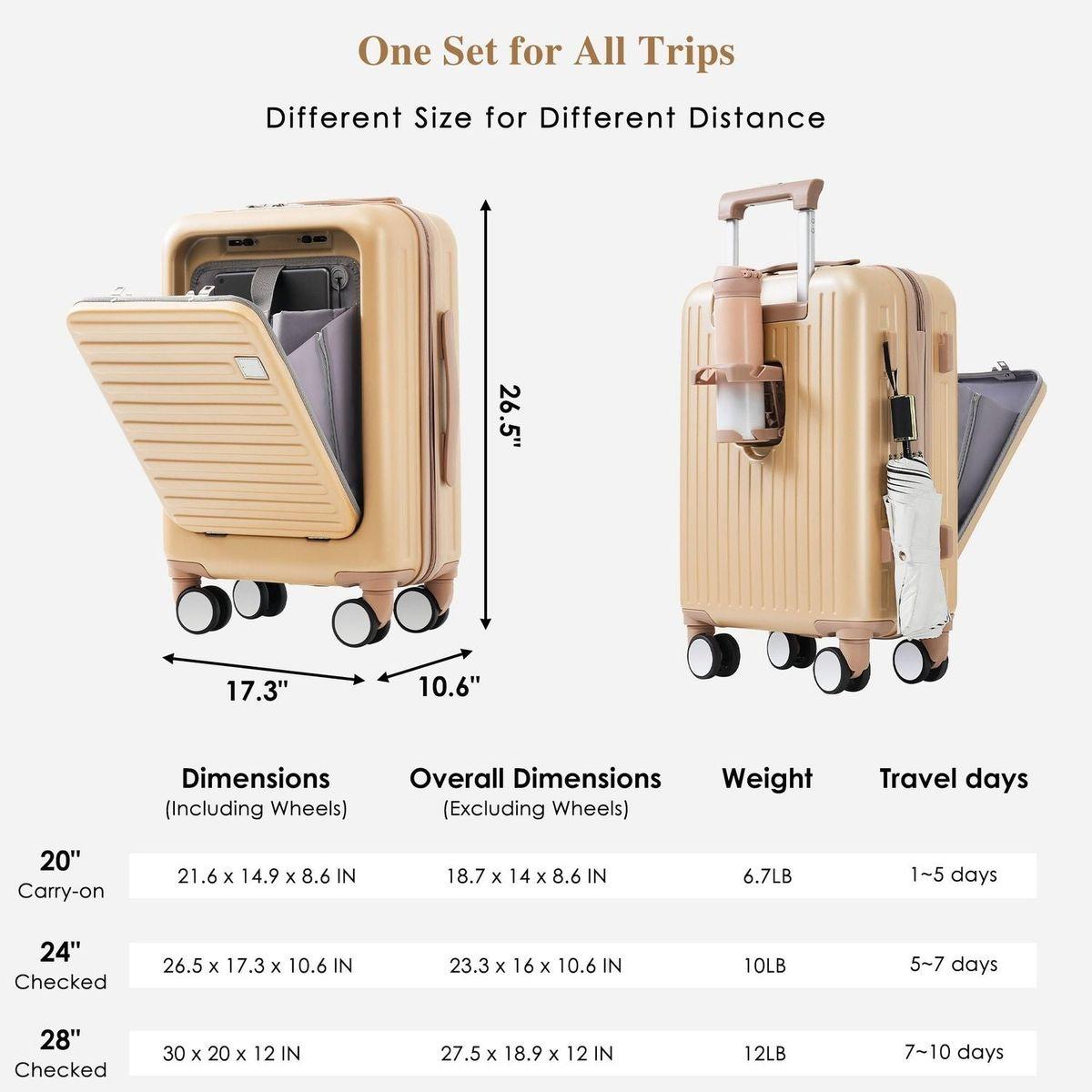 Luggage Set of 3, 20, 24, 28inch with USB Port, 20, 24inch with front opening design Airline Certified Carry on Luggage with Cup Holder, ABS Hard Shell Luggage with Spinner Wheels, Champagne