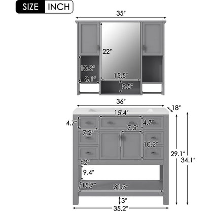 36" Bathroom Vanity with Top Sink, Modern Mirror Cabinet with Towels Bar, Bathroom Storage Cabinet with 2 Soft Closing Doors and 6 Drawers, Single Sink Bathroom Vanity