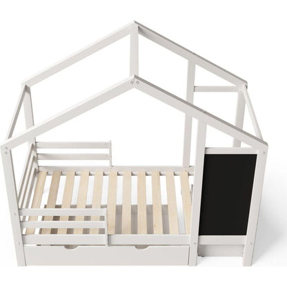 Twin House Bed with Blackboard and Drawers, Two assembly options, White