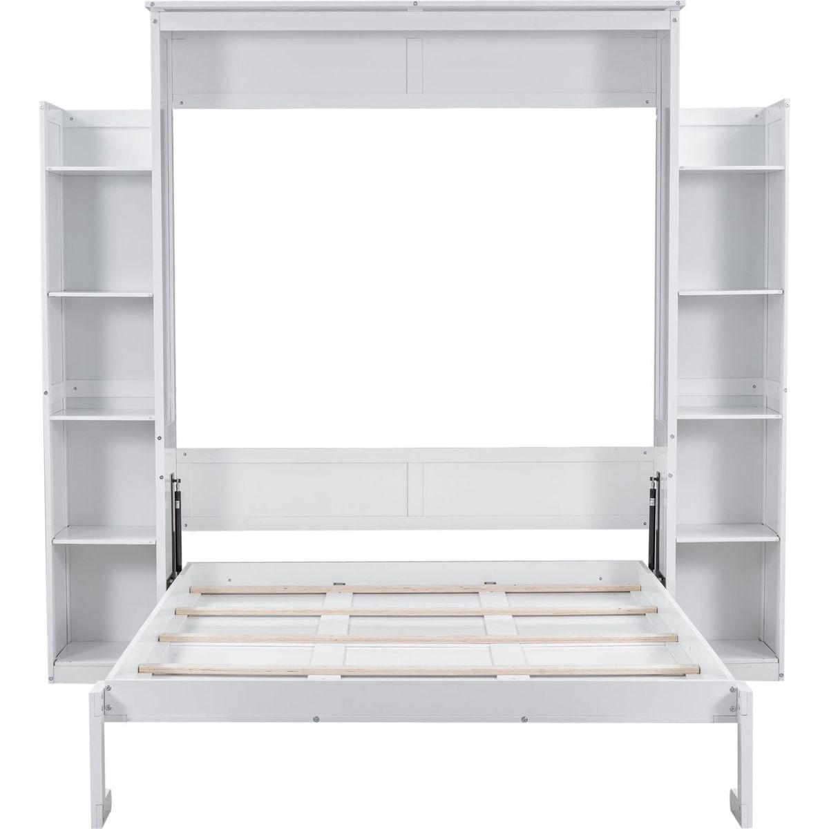 Queen Size Murphy Bed Wall Bed with Shelves and LED Lights,White