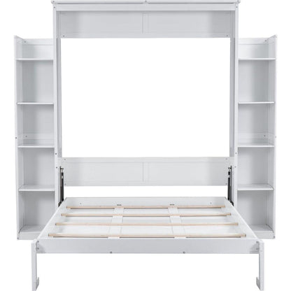 Queen Size Murphy Bed Wall Bed with Shelves and LED Lights,White