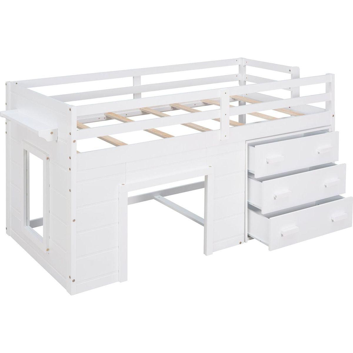 Twin Size Loft Bed with Cabinet and Shelf - White