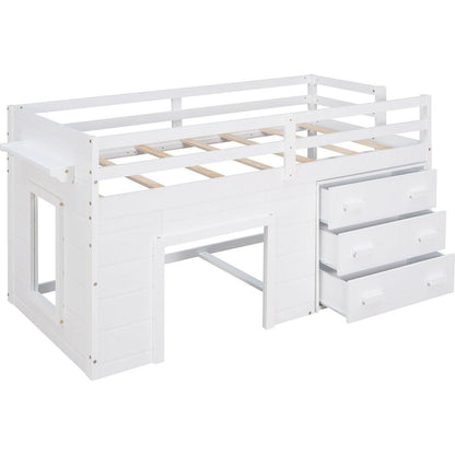 Twin Size Loft Bed with Cabinet and Shelf - White