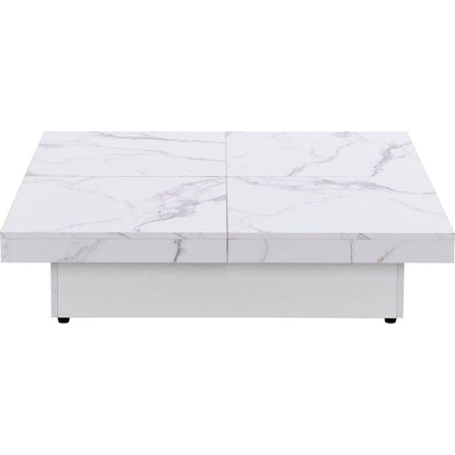 Square Marble Veneer Coffee Table Sliding Top with Storage in White 39.4"