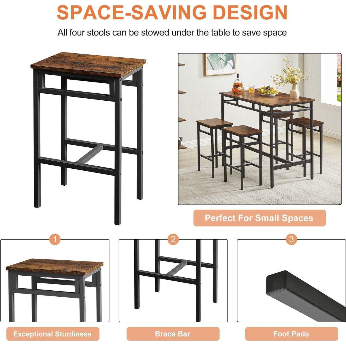 Bar table set 5PC Dinging table set with high stools, structural strengthening, industrial style. Rustic Brown, 43.31" L x 23.62" W x 35.43" H.