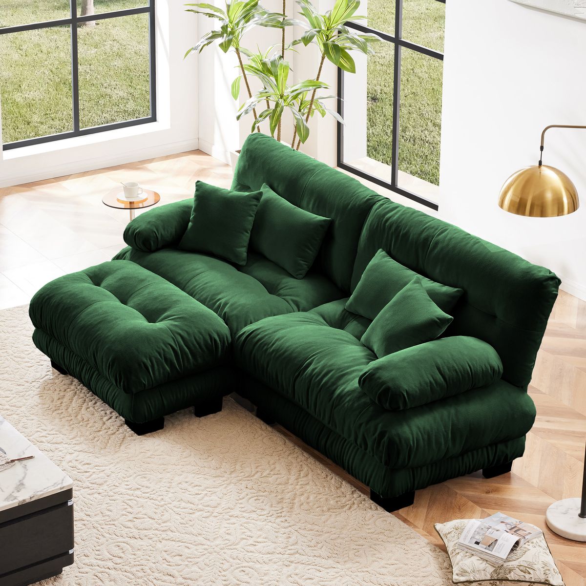 Cloud Couch Sectional Sofa for Living Room, Chenille 2 Seater Sofa with 2 Lumbar pillows and 2 throw pillows , Upholstered Wide Arm Sofa with Convertible Ottoman,Chenille Green